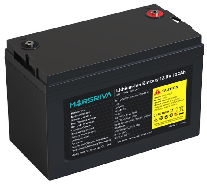 

Батарея Marsriva MR-LFP12-100-LAR LiFePO4, 12.8В/102Ач, BYD, Класс A, 1.30кВт*ч, 6000 циклов, MR-LFP12-100-LAR