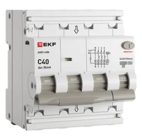 

Автомат дифференциальный EKF D63N46EA40C30 АВДТ-63N 3P+N 40А характеристика C 30мА тип A электронный 6кА PROXIMA, D63N46EA40C30