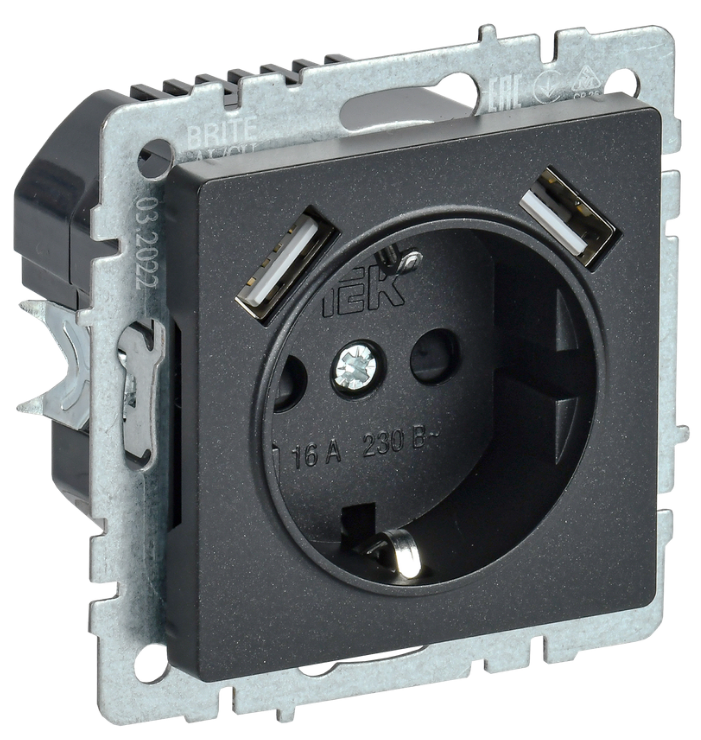 

Розетка с заземлением IEK BR-R14-16-U21-D21-K53 BRITE с защитными шторками 16А с USB A+A 2,1А РЮш10-1-БрГ Графит, BR-R14-16-U21-D21-K53