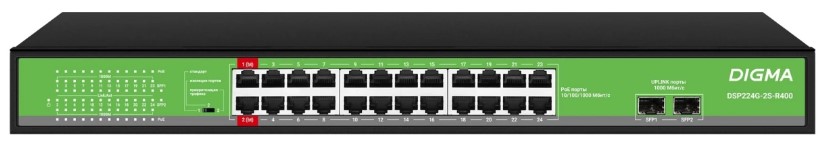 

Коммутатор неуправляемый Digma DSP224G-2S-R400 (L2) 24x1Гбит/с 2SFP 24PoE 24PoE+ 2PoE++ 400W, DSP224G-2S-R400