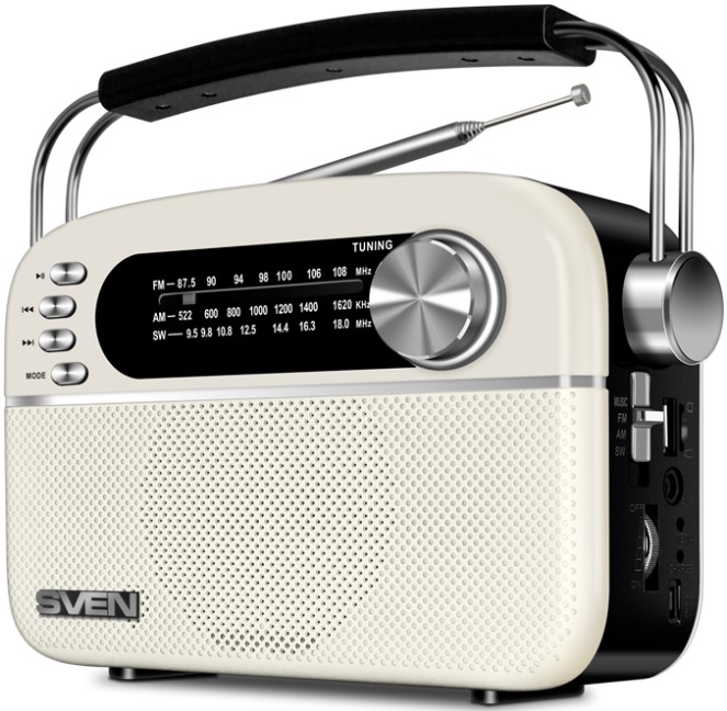 

Радиоприемник Sven SRP-505 SV-020439 белая (3 Вт, BT, FM/AM/SW, USB, microSD, AUX, встроенный аккумулятор), SRP-505