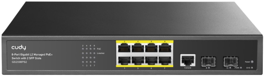 

Коммутатор управляемый Cudy GS2008PS2 Layer 2 8 Ports 10/100/1000M PoE, 1-8 Port support POE(802.3at/af) ,with 2 Gigabit SFP ports + 1 Port, IEEE 802., GS2008PS2