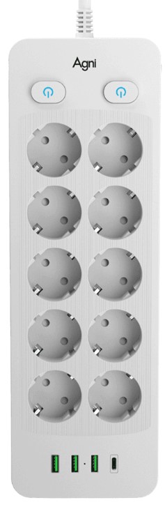 

Сетевой фильтр AGNI TP-FO4U10E-C-3m-white 10 розеток, 16А, 4000Вт, 220-250В, 3 м, 3x1,5mm2, 3*USB, Type-C, белый, TP-FO4U10E-C-3m-white