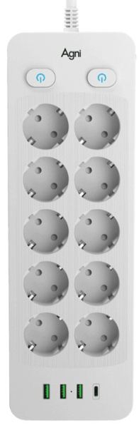 Изображение товара Сетевой фильтр AGNI TP-FO4U10E-C-3m-white с 10 розетками и USB портами