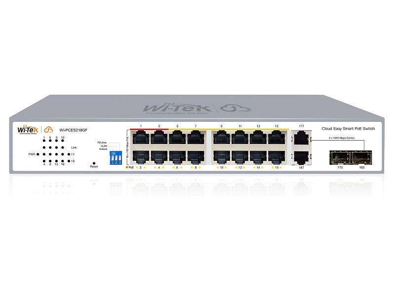 

Коммутатор настраиваемый Wi-Tek WI-PCES218GF PoE 250Вт, порты 16FE PoE + 2SFP, Easy Smart, WI-PCES218GF