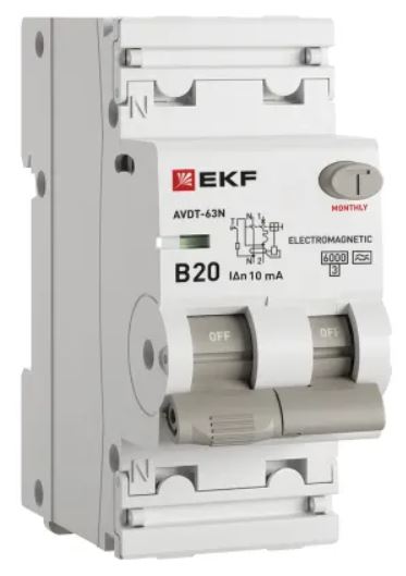 

Автомат дифференциальный EKF D63N26MA20B10 АВДТ-63N 1P+N 20А (B) 10мА (A) эл-мех 6кА PROXIMA, D63N26MA20B10