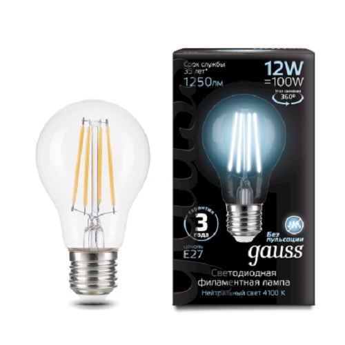 

Лампа светодиодная Gauss 102902212 Filament 12Вт цок.:E27 груша 185B 4100K св.свеч.бел.нейт. грушевидная (1шт), 102902212