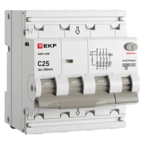 

Автомат дифференциальный EKF D63N46EA25C300 АВДТ-63N 3P+N 25А характеристика C 300мА тип A электронный 6кА PROXIMA, D63N46EA25C300