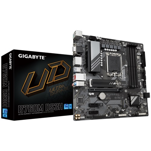 

Материнская плата mATX GIGABYTE B760M DS3H (LGA1700, B760, 4*DDR5 (7600), 4*SATA 6G RAID, 2*M.2, 3*PCIE, 2.5Glan, D-Sub, HDMI, DP, USB Type-C, 3*USB 3, B760M DS3H