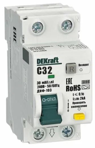 

Автомат дифференциальный DEKraft 16458DEK 1P+N 32А 30мА AC х-ка D ДИФ-103 6кА, 16458DEK