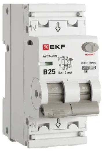 

Автомат дифференциальный EKF D63N26EA25B10 АВДТ-63N 1P+N 25А (B) 10мА (A) эл 6кА PROXIMA, D63N26EA25B10