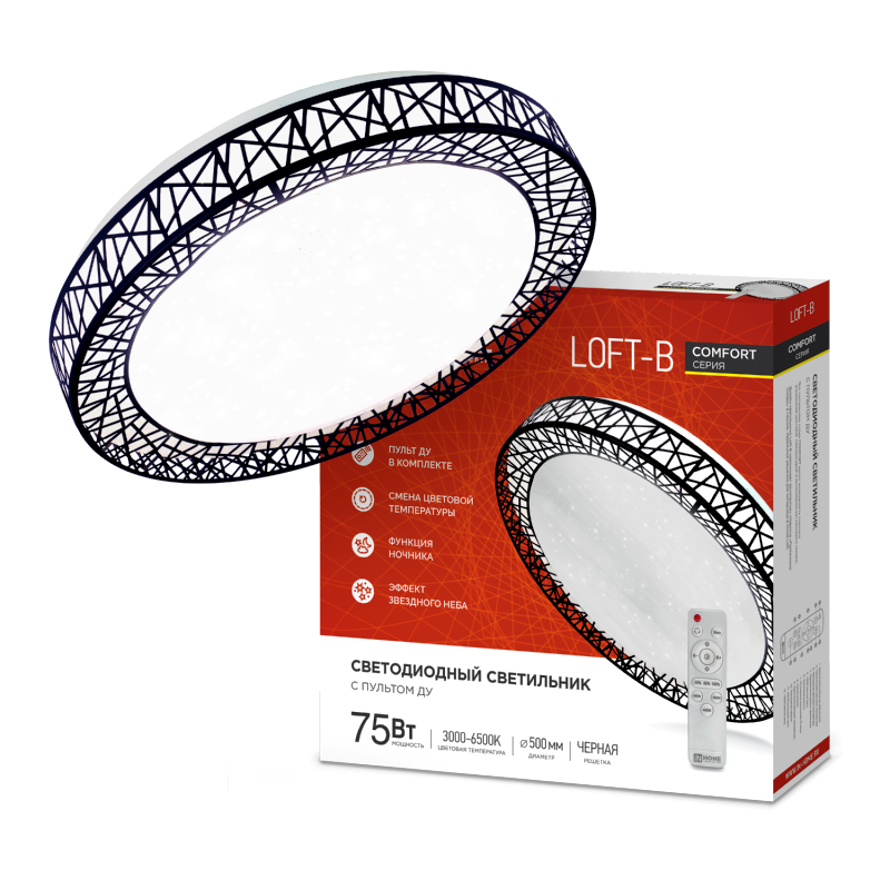 

Светильник светодиодный IN HOME 4690612035116 COMFORT Loft-B 75Вт 230В 3000-6500К 6000лм 500х100мм с пультом ДУ, 4690612035116