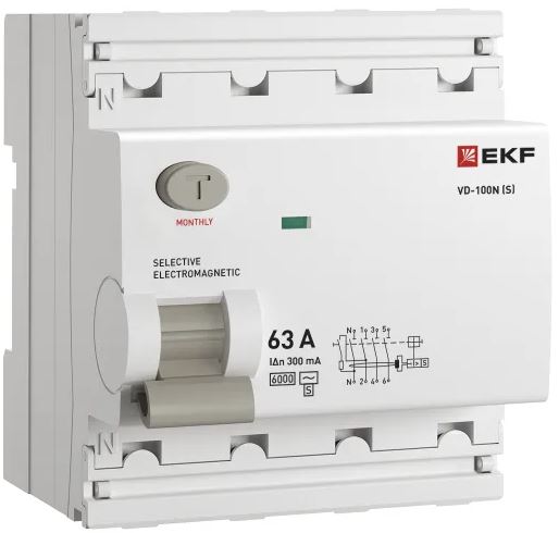

УЗО EKF E1046MS63300 ВДТ ВД-100N (S) 4P 63А 300мА AC эл-мех 6кА PROXIMA, E1046MS63300