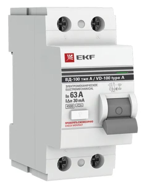

УЗО EKF elcb-2-63-30-em-a-pro ВД-100 2P 63А 30мА тип А электромеханический 4,5кА PROXIMA, elcb-2-63-30-em-a-pro