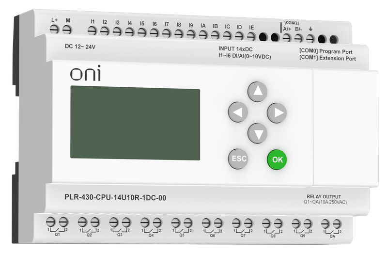 

Модуль ONI PLR-430-CPU-14U10R-1DC-00 ПЛК 430 ЦПУ 8 DI 6 UI (0-10 В/DI) 10 RO 24В DC с экраном, PLR-430-CPU-14U10R-1DC-00
