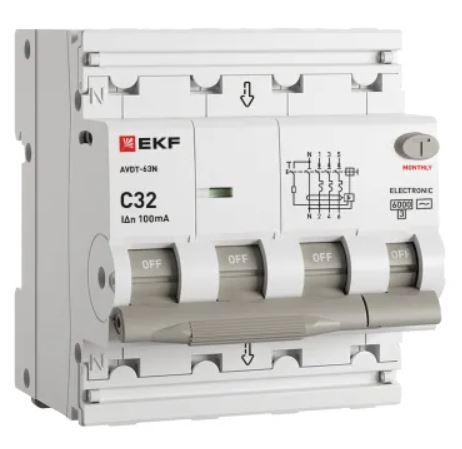 

Автомат дифференциальный EKF D63N46E32C100 АВДТ-63N 3P+N 32А характеристика C 100мА тип AC электронный 6кА PROXIMA, D63N46E32C100