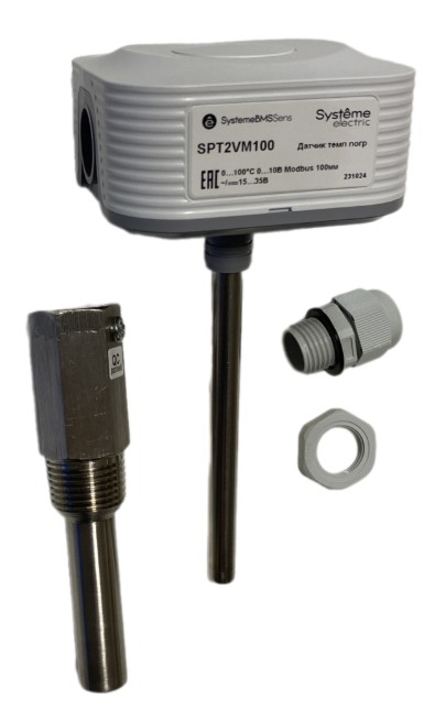 

Датчик температуры Systeme Electric SPT2VM100 погружной, 0…+100°С 0…10В RS485/Modbus 100мм ~24В±20%/=15…35В с гильзой 50мм, SPT2VM100