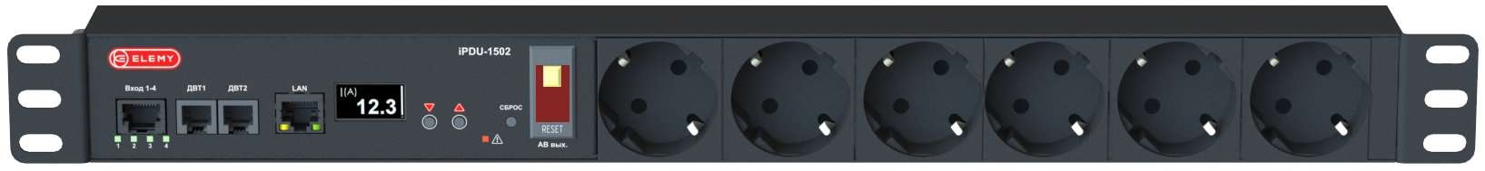 

Блок распределения питания ELEMY iPDU-1502 Ethernet, 1U 19", 230V, 15A, in: Schuko, out: (6) Schuko, iPDU-1502