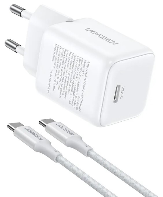 

Зарядное устройство сетевое UGREEN X513 65013_ 30W USB-C GaN Fast Charger с кабелем USB-C-USB-C. Длина: 1м. цвет: белый, X513