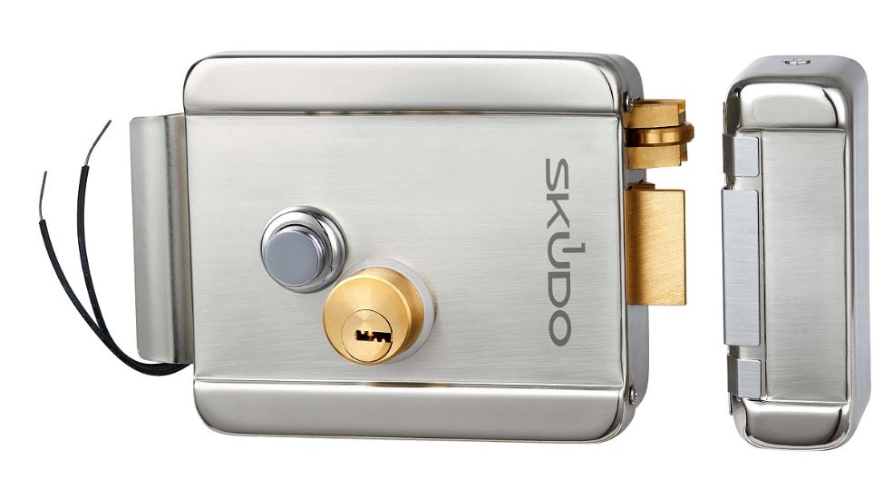 Замок электромеханический Skudo SK-EMU-N10-NK накладной, универсальный. Цилиндр снаружи. 5 ключей в комплекте. Питание 12 В пост./1,5 А. Корпус из ник