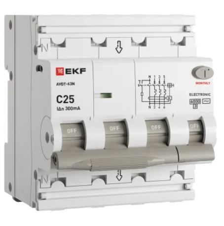 

Автомат дифференциальный EKF D63N46E25C300 АВДТ-63N 3P+N 25А характеристика C 300мА тип AC электронный 6кА PROXIMA, D63N46E25C300