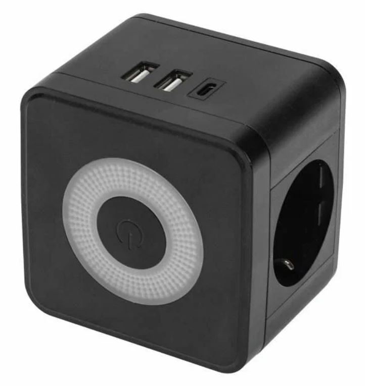 

Разветвитель Rexant 11-1252 электрический двойник Куб 16А с/з + 2хUSB-A 2,4А + USB Type-C 3А с ночной подсветкой, черный, 11-1252