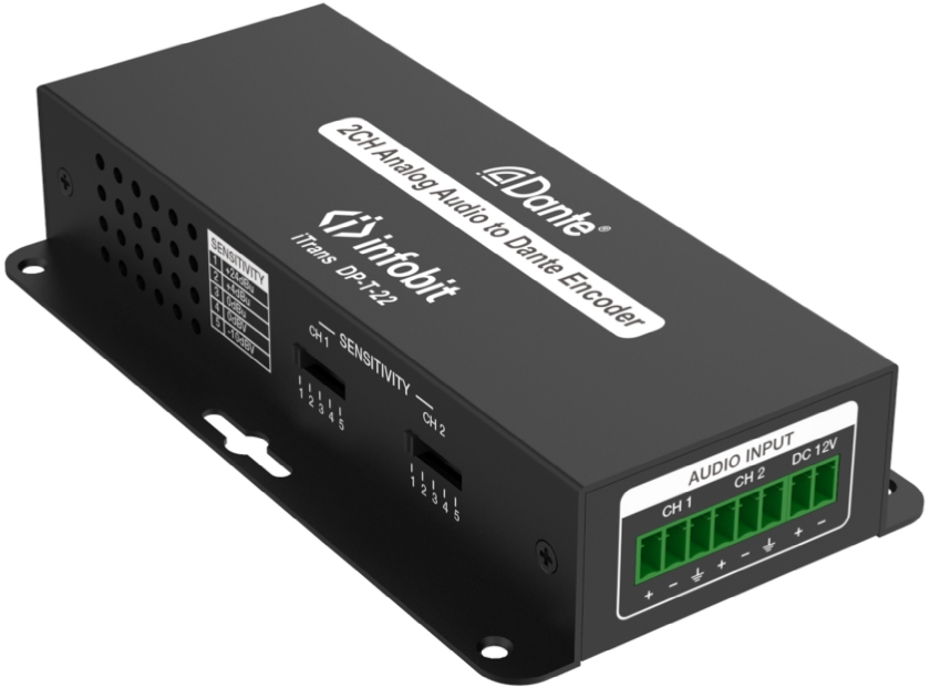 

Конвертер Infobit iTrans DP-T-22 2 аналоговых входа (6-pin phoenix, балансный/линейный), 1xRJ45(Dante), питание PoE или DC (12В), iTrans DP-T-22