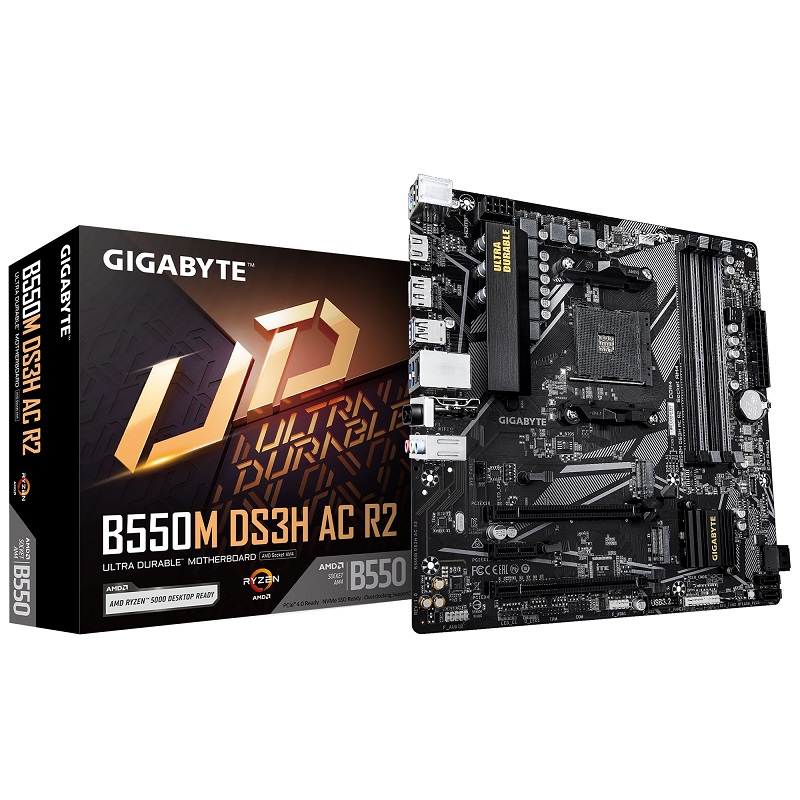 

Материнская плата mATX GIGABYTE B550M DS3H AC R2 (AM4, AMD B550, 4*DDR4 (3200), M.2, 4*SATA, PCIe, 2*USB 3.2, 4*USB 2.0, HDMI, DP), B550M DS3H AC R2