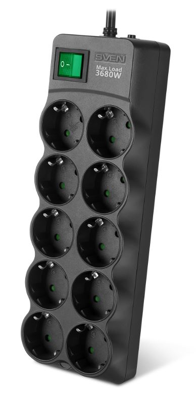 

Сетевой фильтр Sven SF-10E-16 SV-022174 5,0 м (10 розеток с защитными шторками, 16А) черный, цветная коробка, SF-10E-16