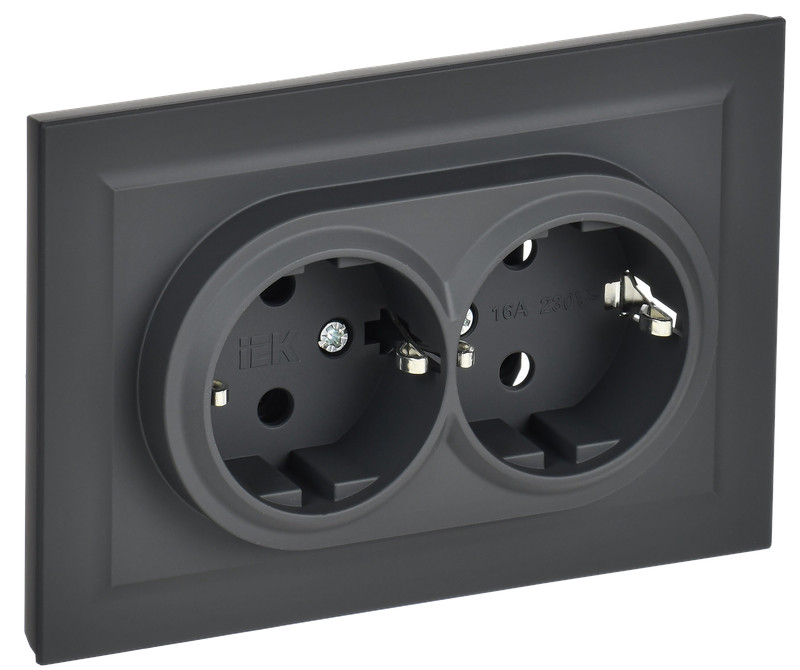 

Розетка двухместная с заземлением в сборе IEK BR-R21-16-K53-F BRITE без защитных шторок 16А РС12-3-БрГ Графит, BR-R21-16-K53-F