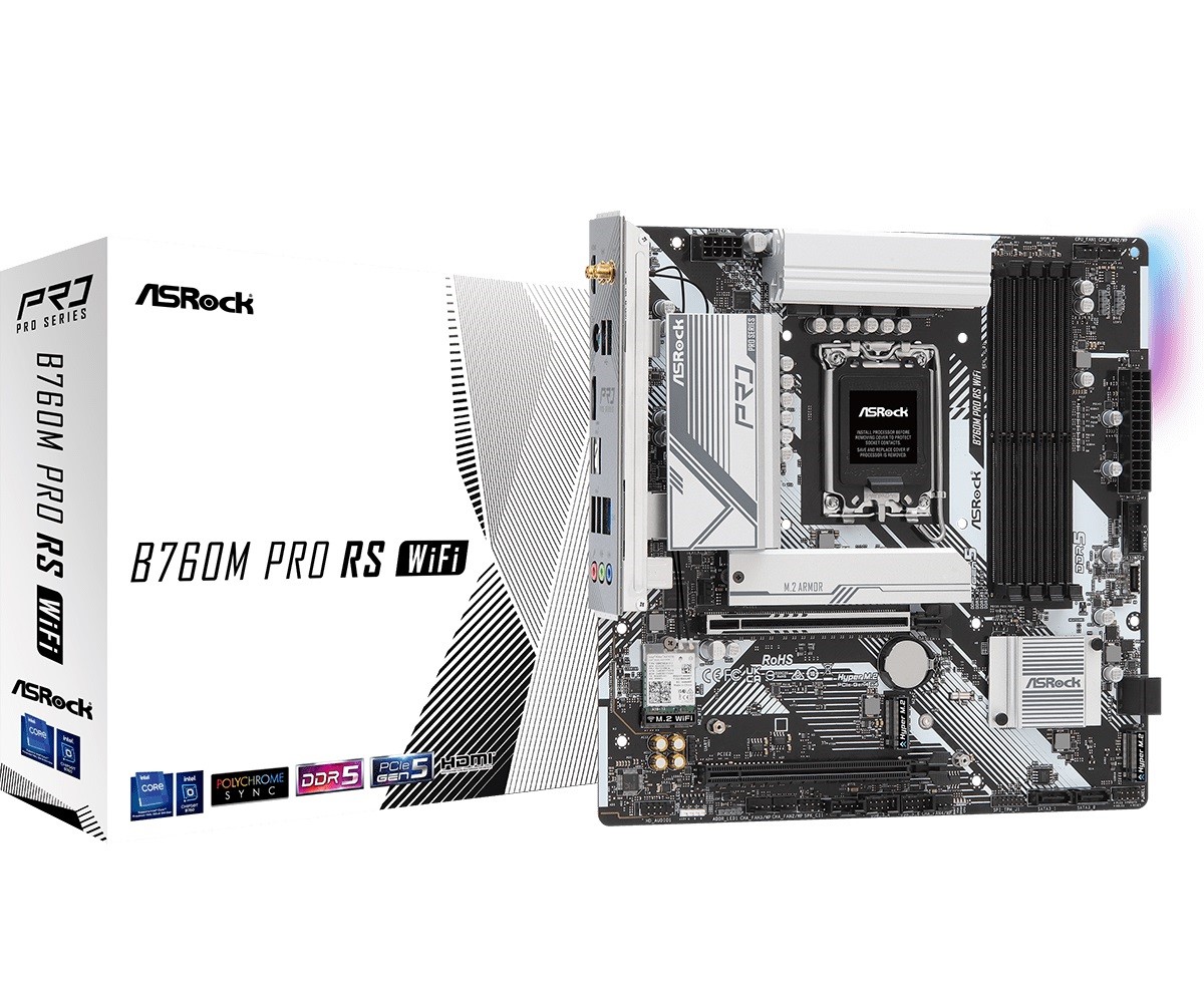 

Материнская плата mATX ASRock B760M PRO RS WIFI (LGA1700, B760, 4*DDR5, 4*SATA, 3*M.2, WiFi, BT, 3*USB 3.2, 2*USB 2.0, Type-C, 2*PCIe, HDMI, DP), B760M PRO RS WIFI