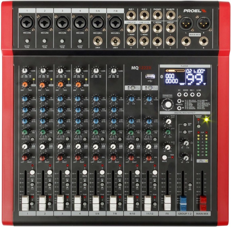 Микшерный пульт Proel MQ1222X 12-ти канальный, 24 бит/48 кГц DSP, Bluetooth, медиа-плеер, 4x Combo XLR мик./лин. входа, 2x XLR+1/4" TRS (L/R) стерео м