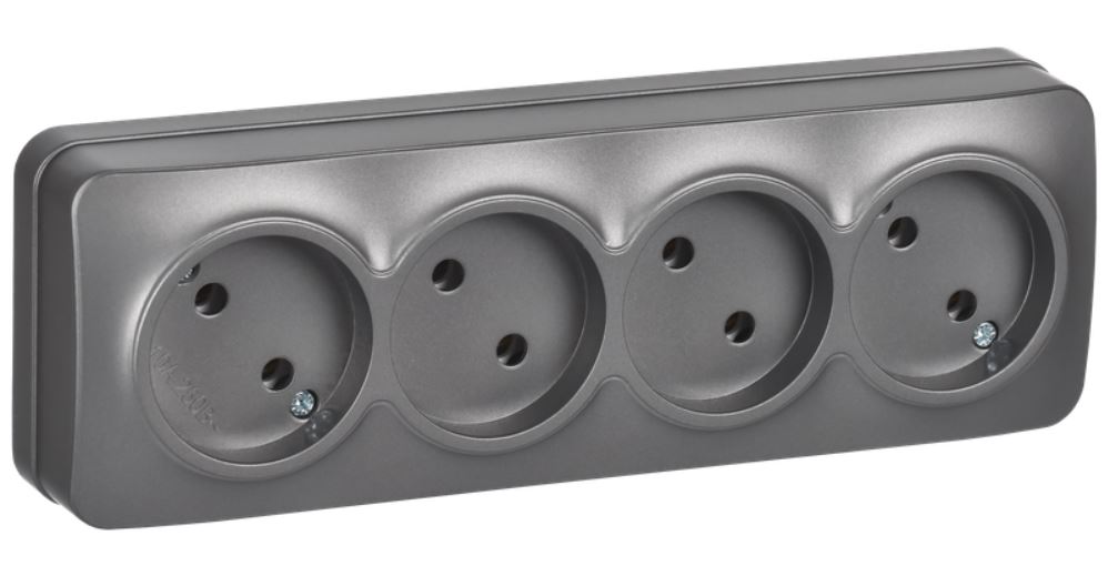 

Розетка без заземления IEK ERH40-K46M-10 GLORY 4-местная для открытой установки без защитных шторок 10А РС24-2-ХСм сталь матовый, ERH40-K46M-10