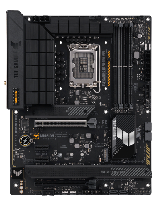 

Материнская плата ATX ASUS TUF GAMING H770-PRO WIFI (LGA1700, H770, 4*DDR5 (7200), 4*SATA 6G RAID, 4*M.2, 4*PCIE, 2.5Glan, WiFi, BT, HDMI, DP, USB Typ, TUF GAMING H770-PRO WIFI