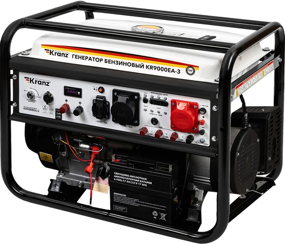 

Генератор бензиновый KRANZ KR9000EA-3 KR-16-1140 9кВт, 230В/380В, 25л, коннектор автоматики, электростартер, KR9000EA-3