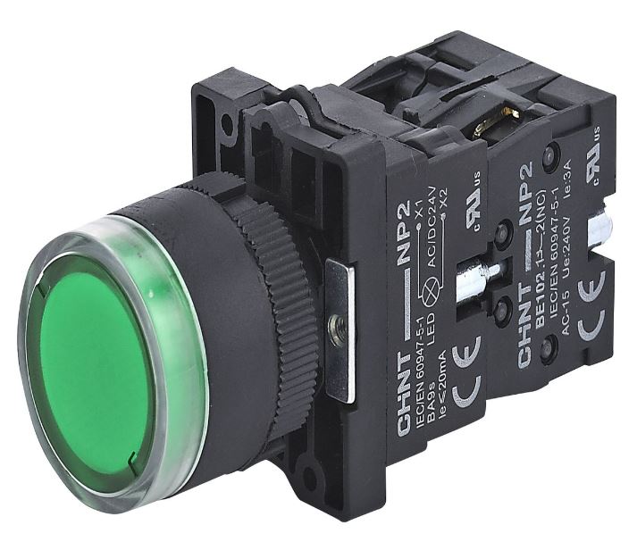 

Кнопка управления CHINT 575718 NP2-EW3365 1НО+1НЗ зеленая AC/DC230В(LED), IP40 (R), 575718