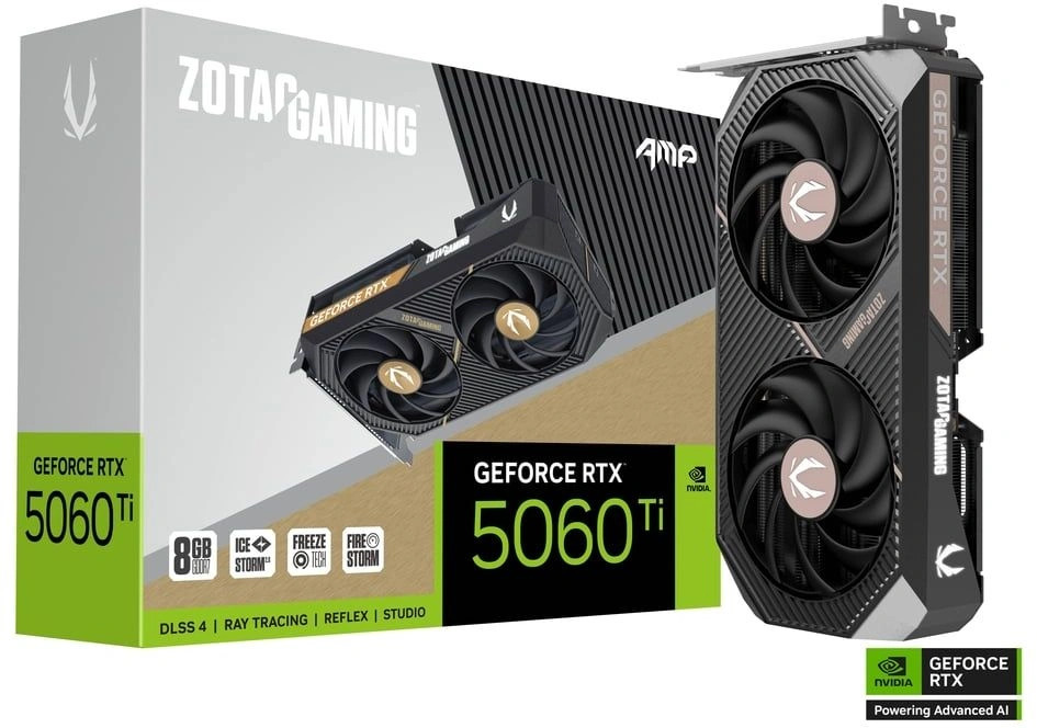

Видеокарта PCI-E Zotac GeForce RTX 5060 TI AMP (ZT-B50610F-10M) 8GB GDDR7 128bit 2632/28000MHz HDMI 3*DP, GeForce RTX 5060 TI AMP (ZT-B50610F-10M)