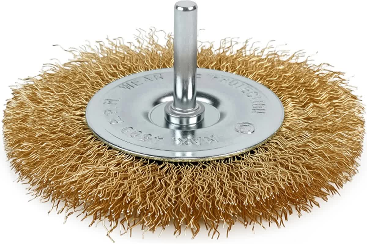 

Щетка Deli DH-GSS100-E4 дисковая прямая для дрели 100мм, латунированная, толщина проволоки 0,3мм, хвостовик 6мм, макс. 4500 об/мин, DH-GSS100-E4