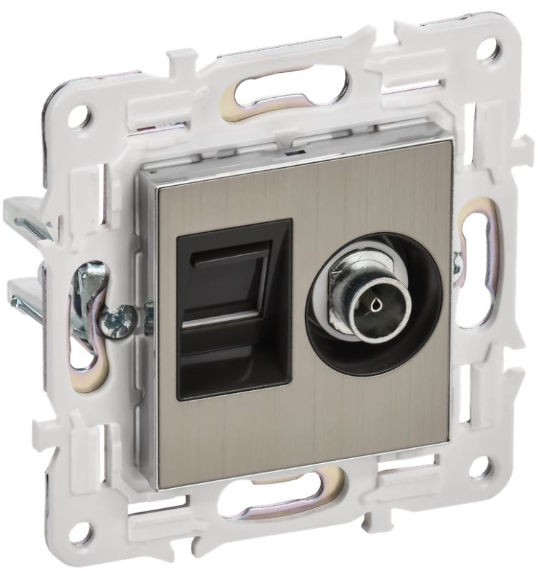 

Розетка IEK SK-AK20-1-K50 SKANDY двойная TV+RJ45 кат.5E SK-A14N металл никель, SK-AK20-1-K50