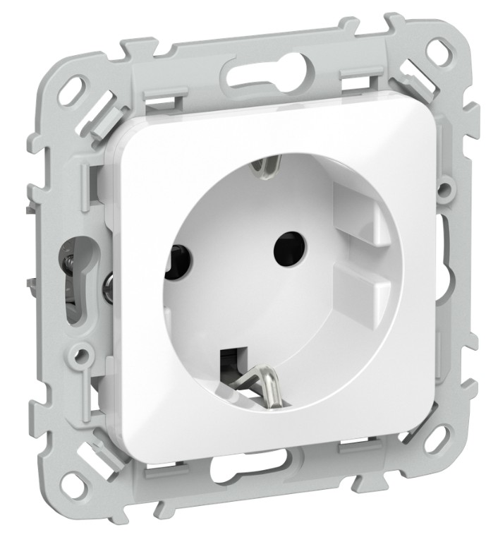 

Розетка с заземлением IEK FI-R14-16-K01 FLITE с защитными шторками 16А РСш11-0-ФлБ белый, FI-R14-16-K01