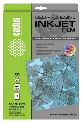 

Пленка Cactus CS-FSA415015 A4/150г/м2/15л./прозрачный самоклей. для струйной печати, CS-FSA415015