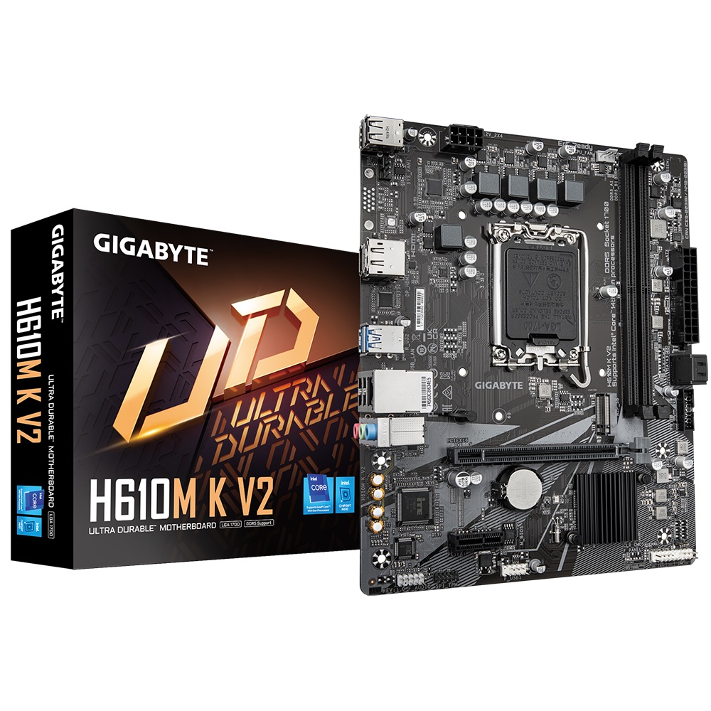 

Материнская плата mATX GIGABYTE H610M K V2 (LGA1700, H610, 2*DDR5, 2*SATA, PCIe, M.2, 4*USB 2.0, 2*USB 3.2, HDMI, DP), H610M K V2