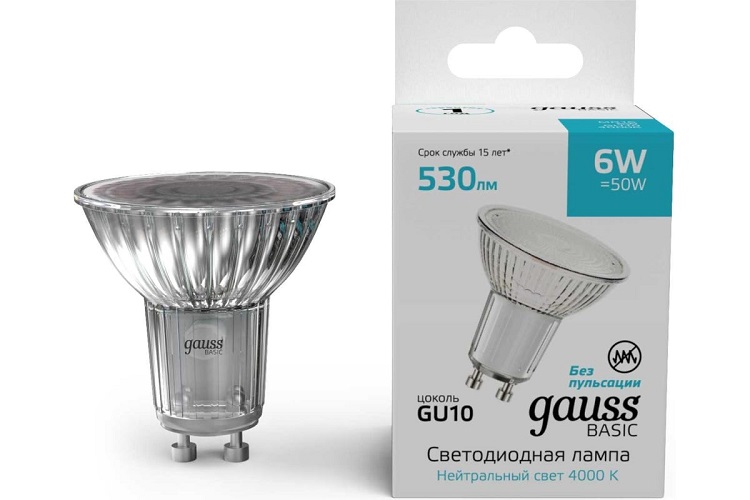 

Лампа светодиодная Gauss 10106262 Basic 6Вт цок.:GU10 софит св.свеч.бел.нейт., 10106262