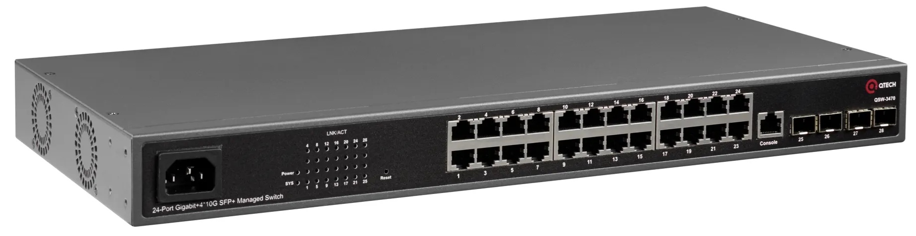 

Коммутатор QTECH QSW-3470-28TX-AC уровня L2+, 24 порта 10/100/1000BASE-T, 4*10GbE SFP+, 4K VLAN, 16K MAC адресов, консольный порти, 220В АС, QSW-3470-28TX-AC