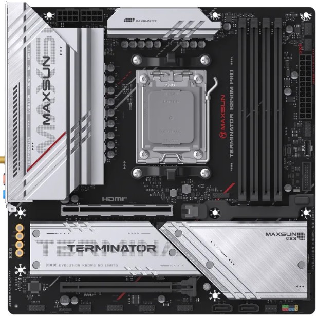 

Материнская плата mATX MAXSUN MS-Terminator B850M PRO WIFI (AM5, AMD B850, 4*DDR5, 4*SATA, 3*M.2, USB 2.0, USB 3.2, Type-C, 2*PCIe, HDMI, DP), MS-Terminator B850M PRO WIFI