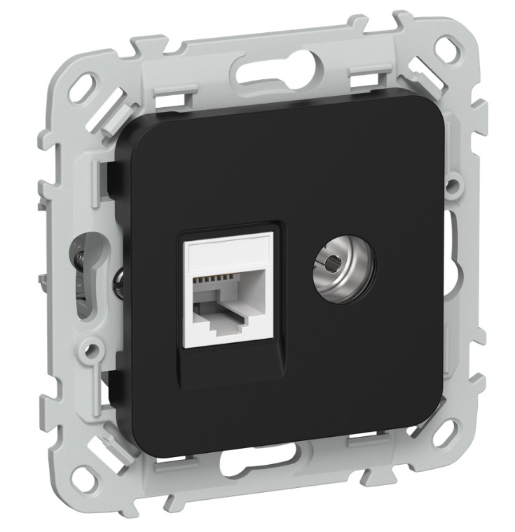 

Розетка IEK FI-AK22-1-K02 FLITE 2-местная RJ45/TV категория 5Е UTP РКТВ5е-2-0-ФлЧ черный, FI-AK22-1-K02