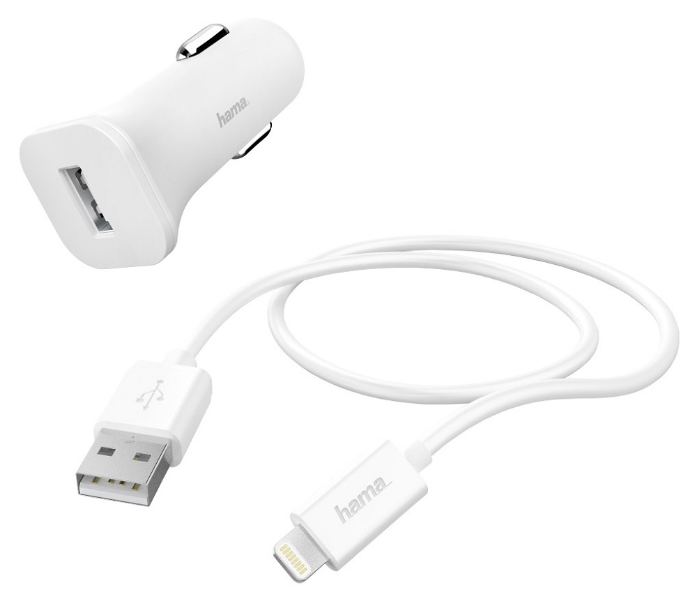 

Зарядное устройство автомобильное HAMA H-183291 00183291 1A для Apple кабель Apple Lightning белое, H-183291