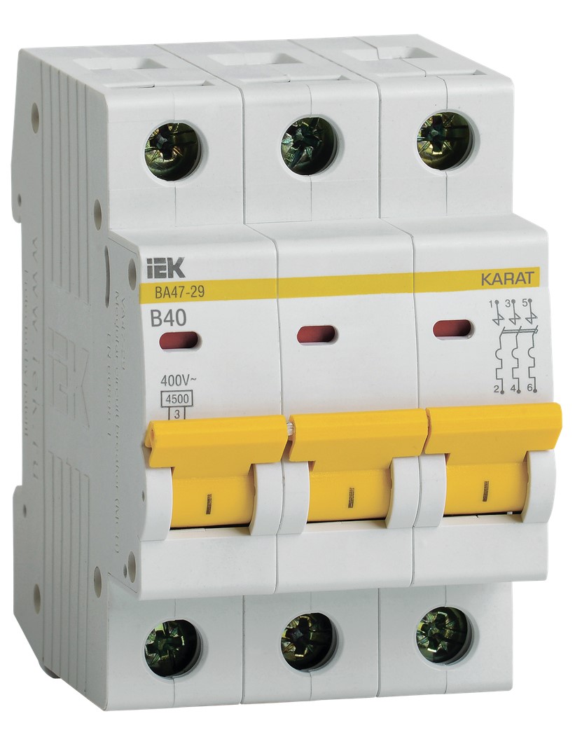 

Автоматический выключатель IEK MVA20-3-040-B KARAT ВА47-29 3P B 40А 4,5кА, MVA20-3-040-B