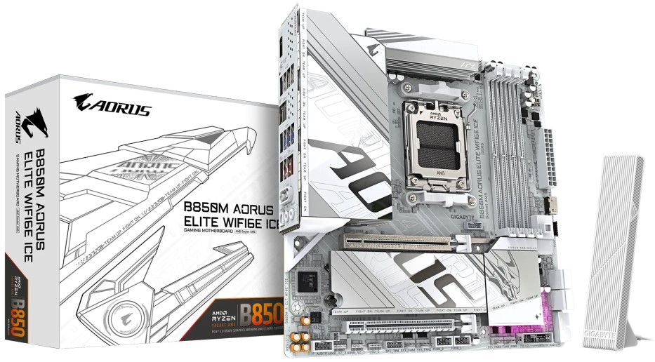 

Материнская плата mATX GIGABYTE B850M AORUS ELITE WIFI6E ICE (AMD AM5, B850, 4*DDR5 (4400), 4*SATA 6G RAID, 2*PCIe, 2*M.2, WiFi, BT, 7*USB 3.2, 4*USB, B850M AORUS ELITE WIFI6E ICE