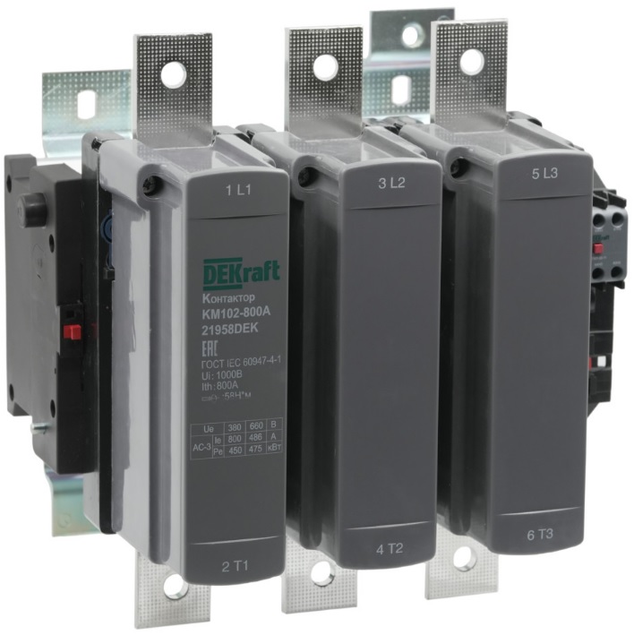 

Контактор DEKraft 21958DEK 800А 220В_АС АС3_ АС4 1НО+1НЗ КМ-102, 21958DEK